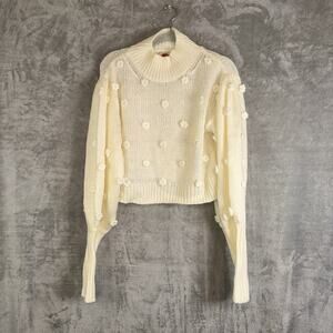 Farm Rio Women's White Mock Neck 3D Floral Pom Pom Cropped Knit Sweater Sz S